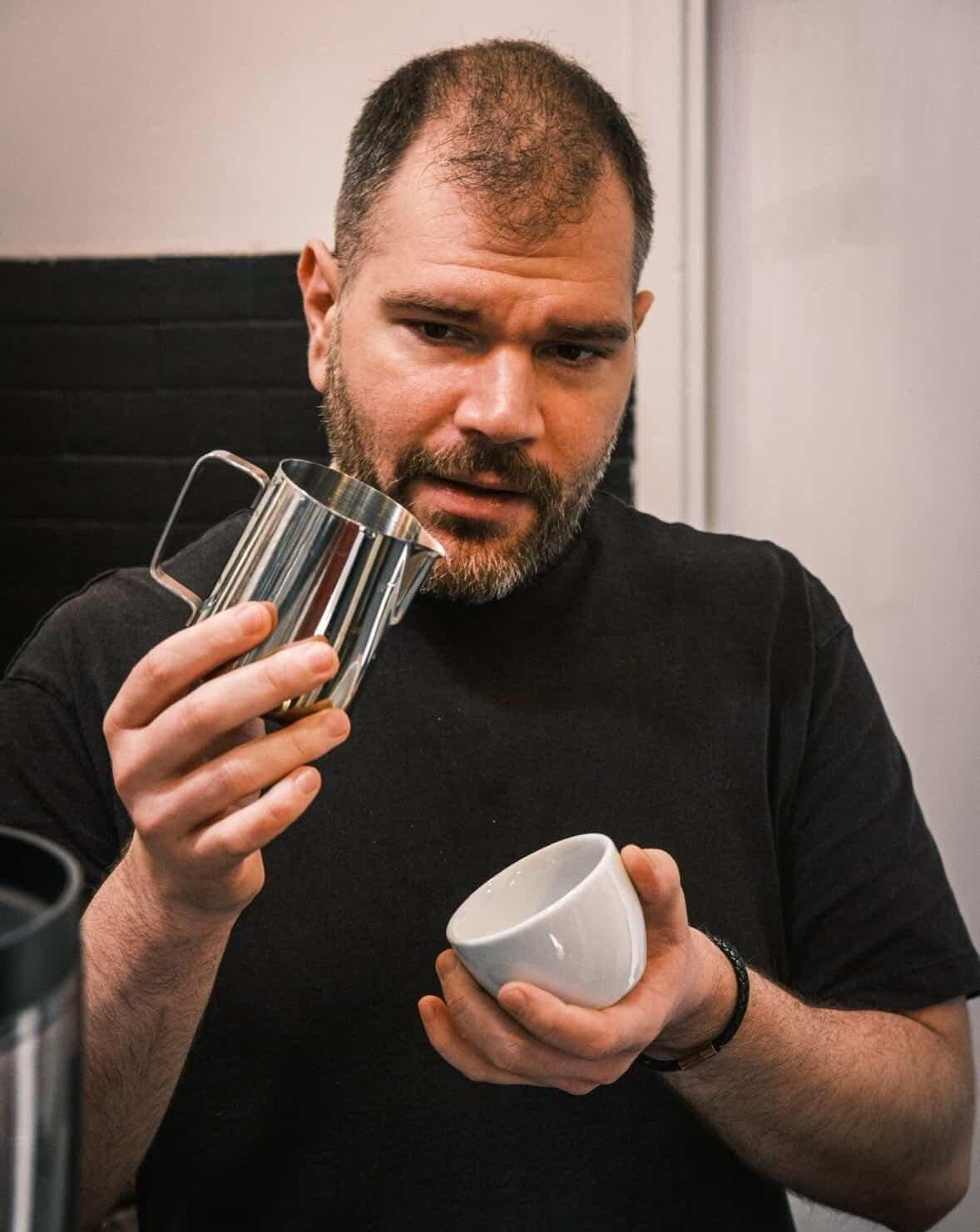 Theo demonstrating pouring technique